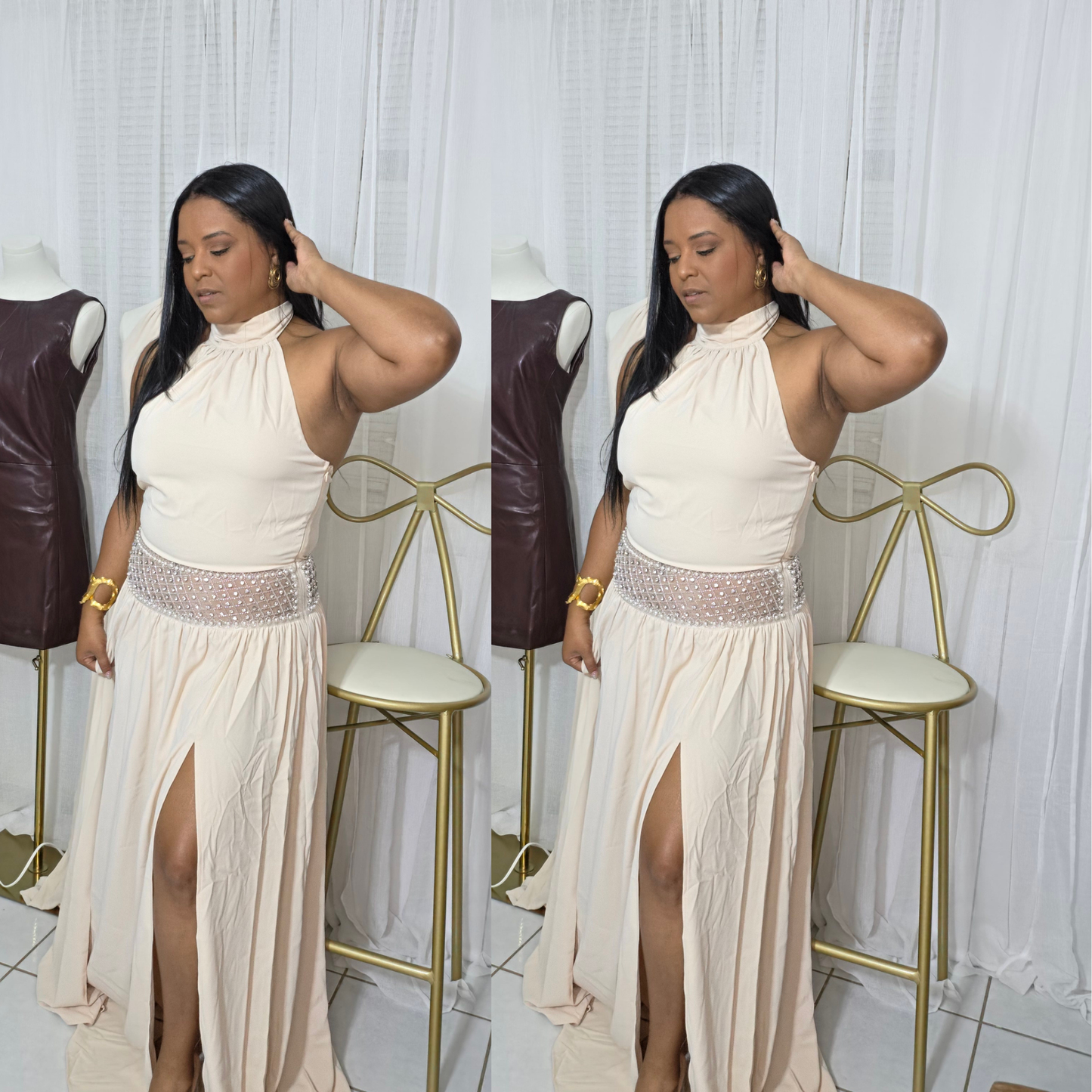Nude maxi dress with rhinestone