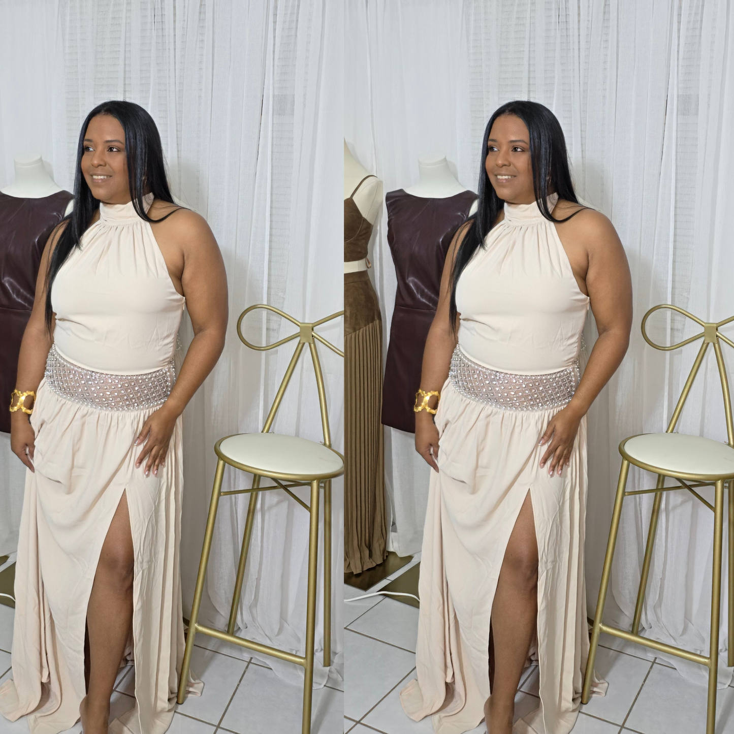 Nude maxi dress with rhinestone