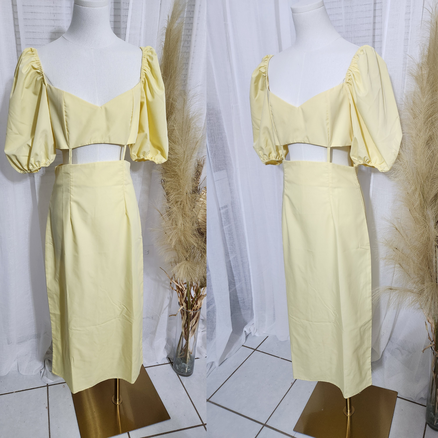 Vestido midi amarillo con mangas abultadas