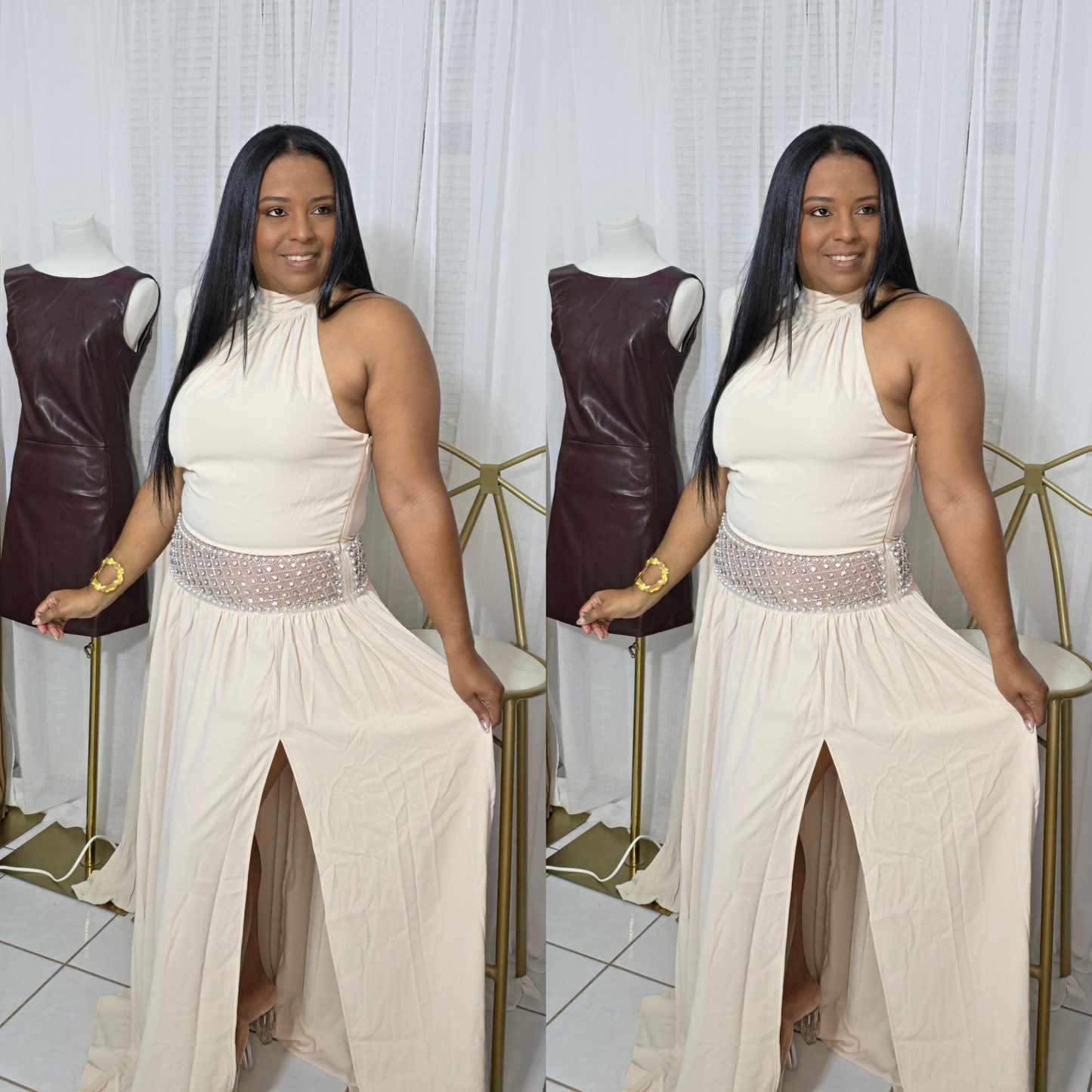 Nude maxi dress with rhinestone